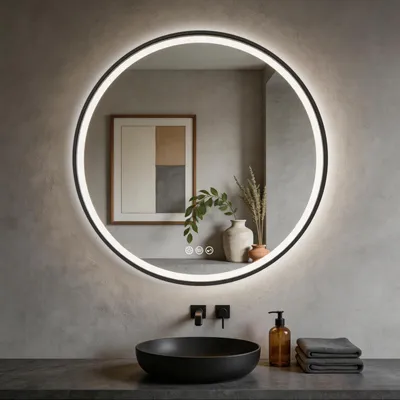 Productafbeelding van LED-badspiegel, 80 cm, zwart, ijzeren frame, rond, anti-condens, dimbaar, Bluetooth, IP44, geheugenfunctie