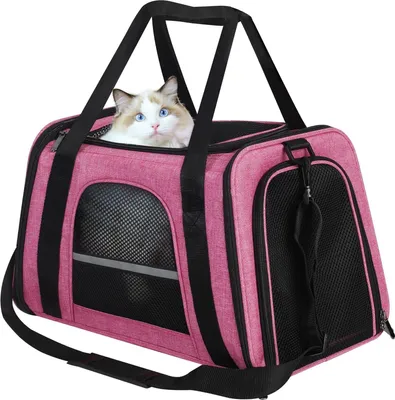 Produktbild von Faltbare Transporttasche für Katzen mit Schultergurt, weich gepolstert, Transportbox für kleine Hunde, Welpen bis 7 kg (Rosa) 45 x 30 x 30 cm