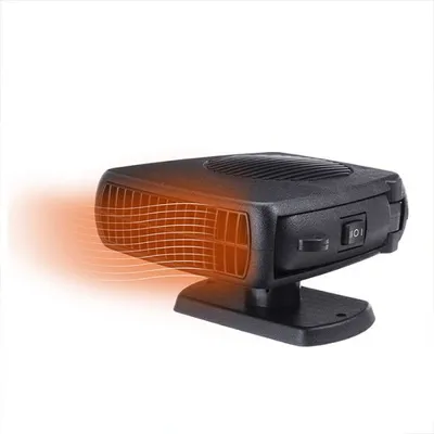 A black car heater with orange heat waves emanating from the front grill, set against a white background.