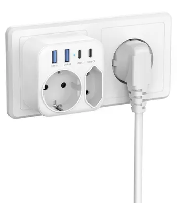 Zdjęcie produktu dla Podwójne gniazdo, adapter z podwójnym gniazdem i 4 portami USB, 6 w 1