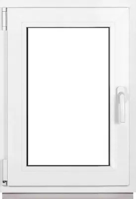 A white plastic window frame with a clear glass pane, shown from the front.