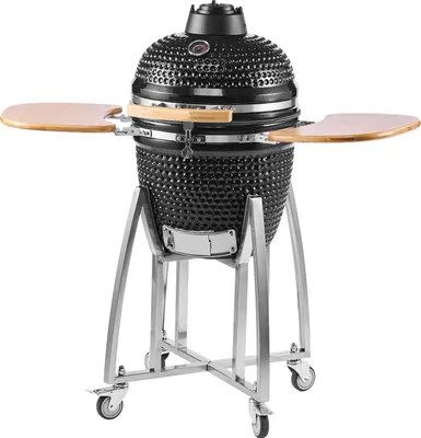 Obrázok produktu pre SucceBuy keramický gril Kamado, udiareň Ø 450 mm, s drevenými rukoväťami, sklopnými bočnými poličkami, kovovým rámom s kolieskami a teplomerom do 400 °C, nastaviteľným prúdením vzduchu zhora a zdola, ideálny na grilovanie, opekanie, varenie a pečenie vonku