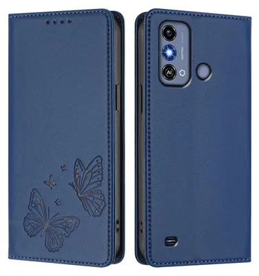 Produktbild von Lederhülle für ZTE Blade A53, Schmetterling Prägung Leder Brieftasche Schutzhülle mit Ständer Dunkelblau