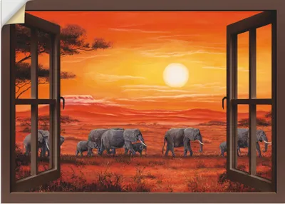 Produktbild von ARTland Wandbild, selbstklebend Fensterblick - Elefantenherde Größe: 130x90 cm
