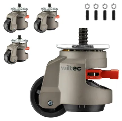Image de Ensemble de roulettes de forte capacité Wiltec, 2000 kg, 4 pièces, roulettes rétractables avec filetage M12, 4 roulettes de transport de 500 kg pour meubles, machines et aide au transport