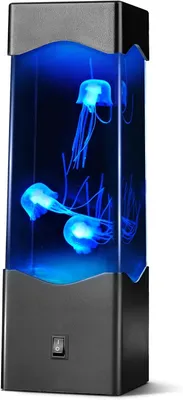 A tall, rectangular lamp with a black base and a clear tank filled with blue water and several artificial jellyfish.