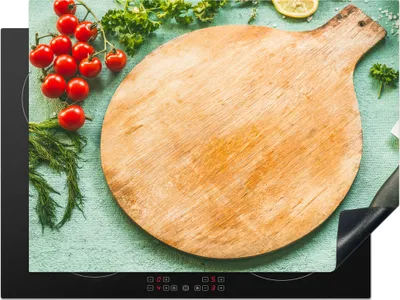 Produktbild von KitchenYeah© Herdabdeckplatte Ein rundes Schneidebrett mit allerlei Gemüse drum herum , 71x52cm, Küche Deko, Glaskeramikkochfeld Herdabdeckung, Abdeckplatte fùr Kochfeld
