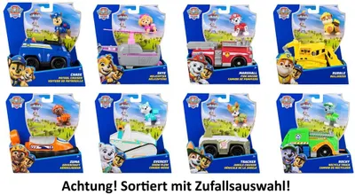 Produktbild von PAW Patrol Basis Fahrzeug mit Welpenfigur (Sustainable Basic Vehicle) - sortiert -Zufallsauswahl des Charakters - Dopplungen möglich, Polizeiwagen, 3 Jahr(e), Kunststoff, Schwarz, Blau