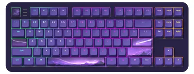 A dark purple mechanical keyboard with purple and pink backlighting.