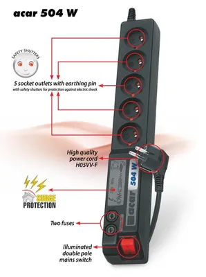 Image de ACAR 504WF Noir 5 prise(s) AC 230 V 3 m