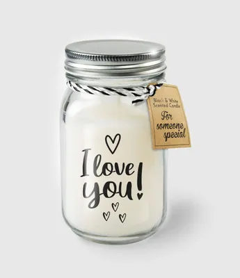 Produktbild von Duftkerze Papierträume mit 'Ich liebe dich' Aufschrift, schwarz-weiß