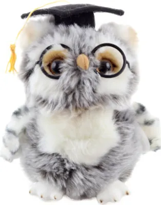 A plush owl wearing a graduation cap and glasses.