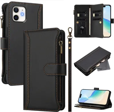 Obrázek produktu pro Pouzdro pro iPhone 12 Mini, zipem, peněženkovéPolyuretankožené flip pouzdro s kapsami na karty, stojánkem a poutkem na ruku černý