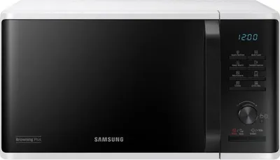 A white and black Samsung microwave oven is shown from the front.
