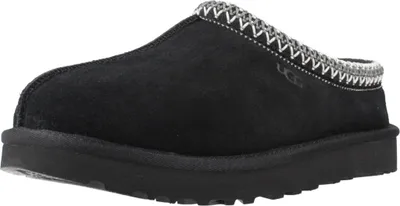 A black UGG slipper is shown from a side-angle on a white background.
