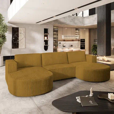 Produktbild von Masseno Ecksofa VEZZO P mit Schlaffunktion U-Form, Sofa mit Bettkasten, Wohnzimmersofa, Couch, Soffa, Bettsofa, Couchgarnitur- Gelb, POSO 01