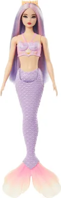 Immagine prodotto di Barbie sirena con capelli fantasiosi in rosa e lilla con cerchietto, bambola con top a conchiglia e pinna di coda color lavanda, HRR06