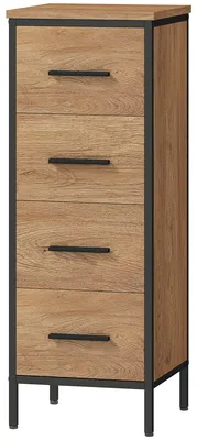 Produktbild von Badezimmerschrank Industrie-Stil, Badkommode 4 Schubladen, Spanplatte MDF Stahlrahmen, Eiche | 30x30x82 cm | 13 kg | Kippschutz