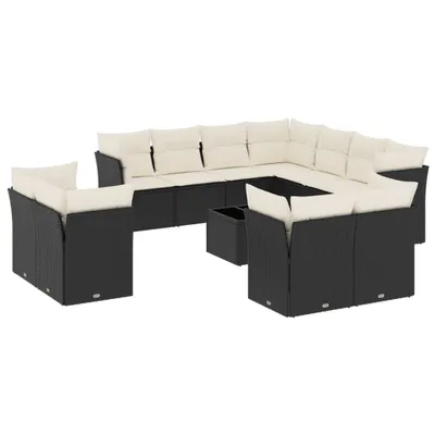 Produktbild von Modulares Garten-Sofaset, 12-teilig, mit Stauraum, Poly Rattan Schwarz, Hartglas Tischplatte, Cremeweiße Kissen, UV-beständig
