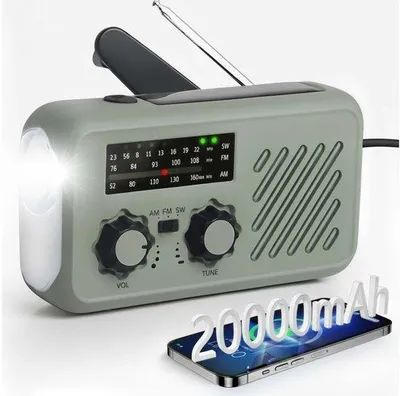 Zdjęcie produktu dla Przenośne, wielofunkcyjne radio awaryjne Unyqoos® o pojemności 2000 mAh – zasilane energią słoneczną, USB i korbką, z alarmem SOS z migającym światłem, latarką, odbiorem AM/FM/WB oraz teleskopową anteną