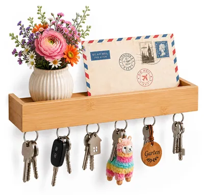 Produktbild von Relaxdays Schlüsselbrett, 6 Haken, Schlüsselhalter mit Ablage, schwebend, HBT: 5 x 26 x 7 cm, Wandmontage, Bambus, natur