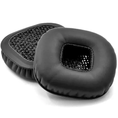 Two black ear pads for headphones are shown against a white background.