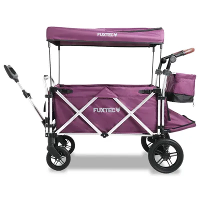 Produktbild von Fuxtec Bollerwagen Purpur FX-CTL950 Premium, Aluminium, faltbar, 2-Sitzer, für Kinder & Einkäufe, mit Reißverschluss-Innenraumverlängerung und gefederten, abnehmbaren Komfort-Gummireifen. Maße: Aufgebaut 130x67x116cm; Geklappt 92,5x67x43cm; Innenraum 80x47x38cm.