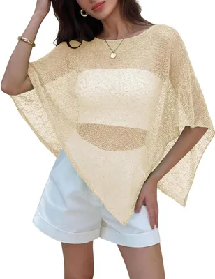 Productafbeelding van Gestrikte poncho voor dames, strandkleding, top van mesh, boho strandoverkleding