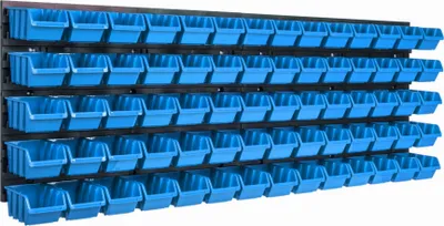 Produktbild von Lagersystem Wandregal 1152 x 390 mm | 70 stck. Box | Stapelboxen Schüttenregal Sichtlagerkästen | Extra Starke Wandplatten | Regal Erweiterbar | Werkstattregal Lagerregal Werkstattwandregal Steckregal