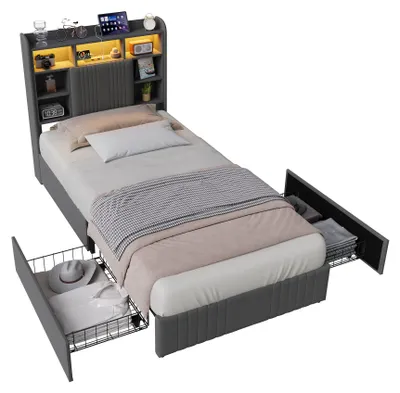 Produktbild von Moonbite Bett mit Stauraum 90x200 cm Leinen Grau mit 2 Schubladen, USB und Typ-C, LED und Integrierten Nachttischen