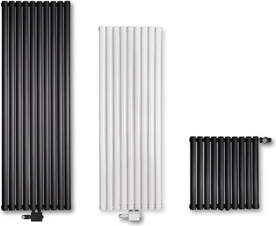 Three radiators of different sizes and colors are displayed against a white background.