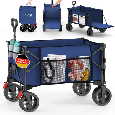 Image de bollerwagen pliable 100kg frein poche latérale hayon porte-bouteille petit 130l léger bleu petite taille de rangement poignée télescopique