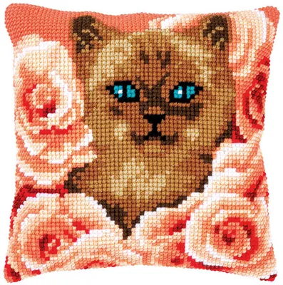 Produktbild von Vervaco Kreuzstichkissen "Kätzchen zwischen Rosen", Stickbild vorgezeichnet, 40x40cm