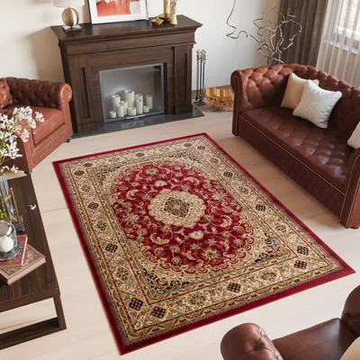 Produktbild von Teppich Wohnzimmer Schlafzimmer Kurzflor Design Klassisch Muster Floral Rot Beige  160 x 220 cm