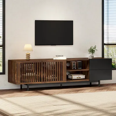 Produktbild von okwish TV‑Schrank mit 2 Schubladen und Lamellentüren, Fernsehbank mit offenen Fächern,TV-Lowboard Für Wohnzimmer,braun