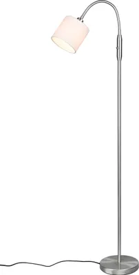 A silver floor lamp with a white shade is shown against a white background.