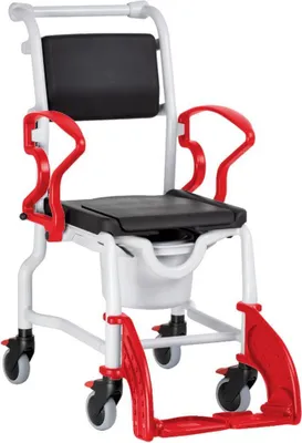 Produktbild von FabaCare Dusch- Toilettenrollstuhl Bremen, Premium Toilettenstuhl, Duschstuhl fahrbar, Rollstuhl mit WC Eimer, Grau-Feuerrot