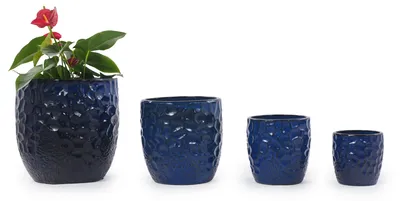 Obrázek produktu pro Sada čtyř keramických květináčů, průměry 38/30/22,5/18 cm, vysoký lesk, reliéf s efektem "krupobití", mrazuvzdorné. Barva: tmavě modrá