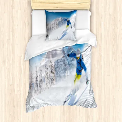 Produktbild von ABAKUHAUS Winter Mantele, Skifahren Extremsport, Milbensicher Allergiker geeignet mit Kissenbezügen, 135 cm x 200 cm - 80 x 80 cm, Blau Weiß Gelb