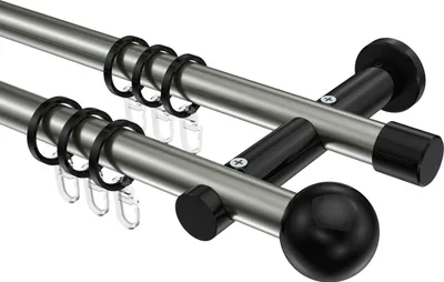 Produktbild von Interdeco Gardinenstange / Vorhangstange Edelstahl-Optik / Schwarz, Typ Platon Luino (Kugel), 20 mm Ø 2-läufig, 200 cm
