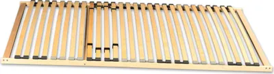 A wooden slatted bed base on a white background.
