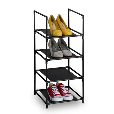 Produktbild von Relaxdays Schuhregal, 4 Ebenen, HBT: 72x33x33 cm, Metall Schuhablage, Stoff Ablage, schmales Schuhgestell, schwarz/grau
