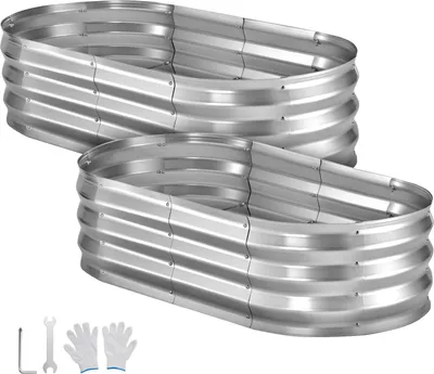 Immagine prodotto di SucceBuy Set di 2 aiuole rialzate in metallo 120x60x30 cm, aiuola ovale, fioriera per esterni, aiuola con guanti, aiuola per fiori e ortaggi, argento
