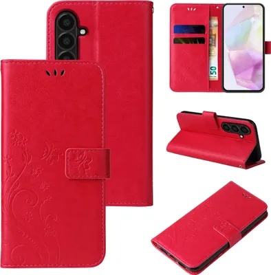 Collage of images showing a red flip phone case with floral and butterfly designs, including close-ups and different angles.