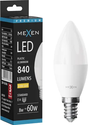 Obrázek produktu pro Mexen Nova Žárovka LED E14, C37, 8W, Teplá - 3000K, 840 lm - L102-E14-0830-01