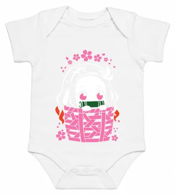 Productafbeelding van Nezuko Kimetsu No Yaiba Anime, schattig, bamboe mandje, sakura, cadeau, manga, babyrompertje, wit, maat 12/18 maanden