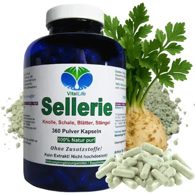Produktbild von SELLERIE 360 Kapseln Wurzel Schale Blätter Stängel BLUT Magen LEBER Darm NIEREN Blase VERDAUUNG nach Hildegard von Bingen. 100% NATUR pur.
