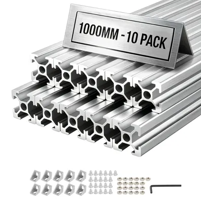 Obrázek produktu pro VEVOR, hliníkový profil, 2020, 10 kusů, 1 metr. Eloxované hliníkové profily s T-drážkou, odpovídající evropským normám. Vysoce pevný profil vytvořený metodou extruze. Hliníková lišta pro součásti 3D tiskáren, CNC pracovní stoly a montáž. Stříbrná barva