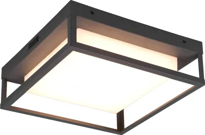 A square, modern-looking ceiling light fixture with a dark frame and a frosted white diffuser.