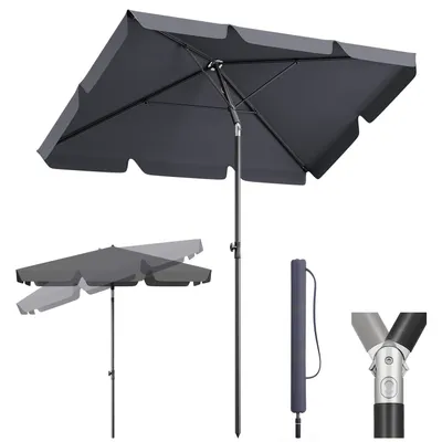 A dark gray rectangular patio umbrella is shown from a slightly elevated angle, with a second, smaller image of the umbrella in a tilted position, and two close-up views of its components.